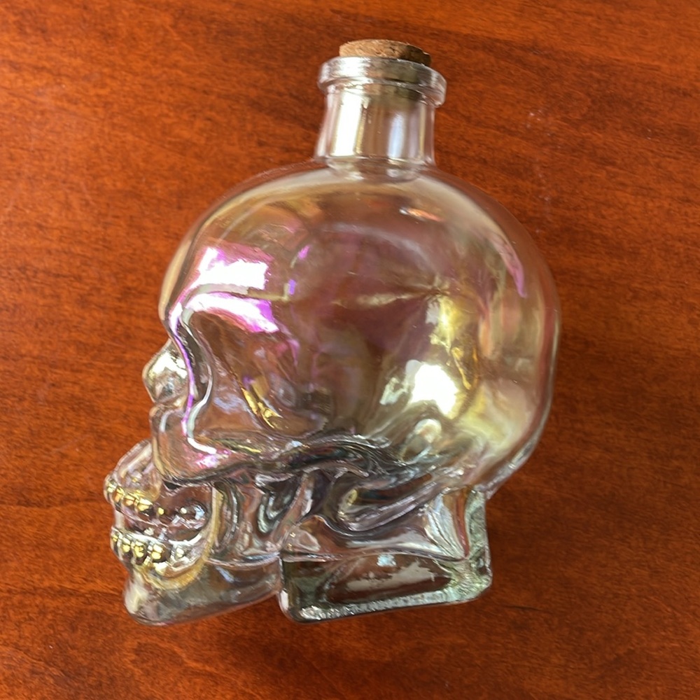 Glass Art Iridescent Halloween Skull Bottle with Cork